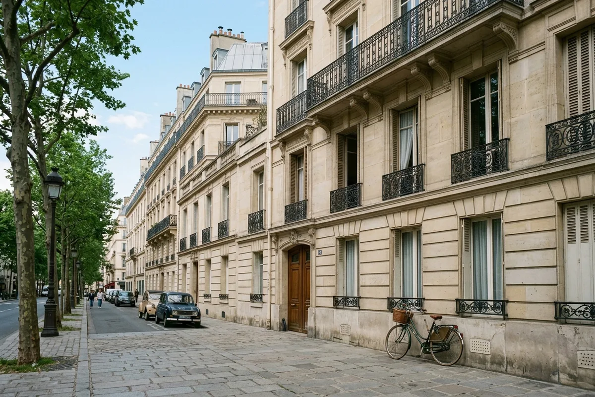 Façade d'un immeuble haussmannien vue depuis le trottoir