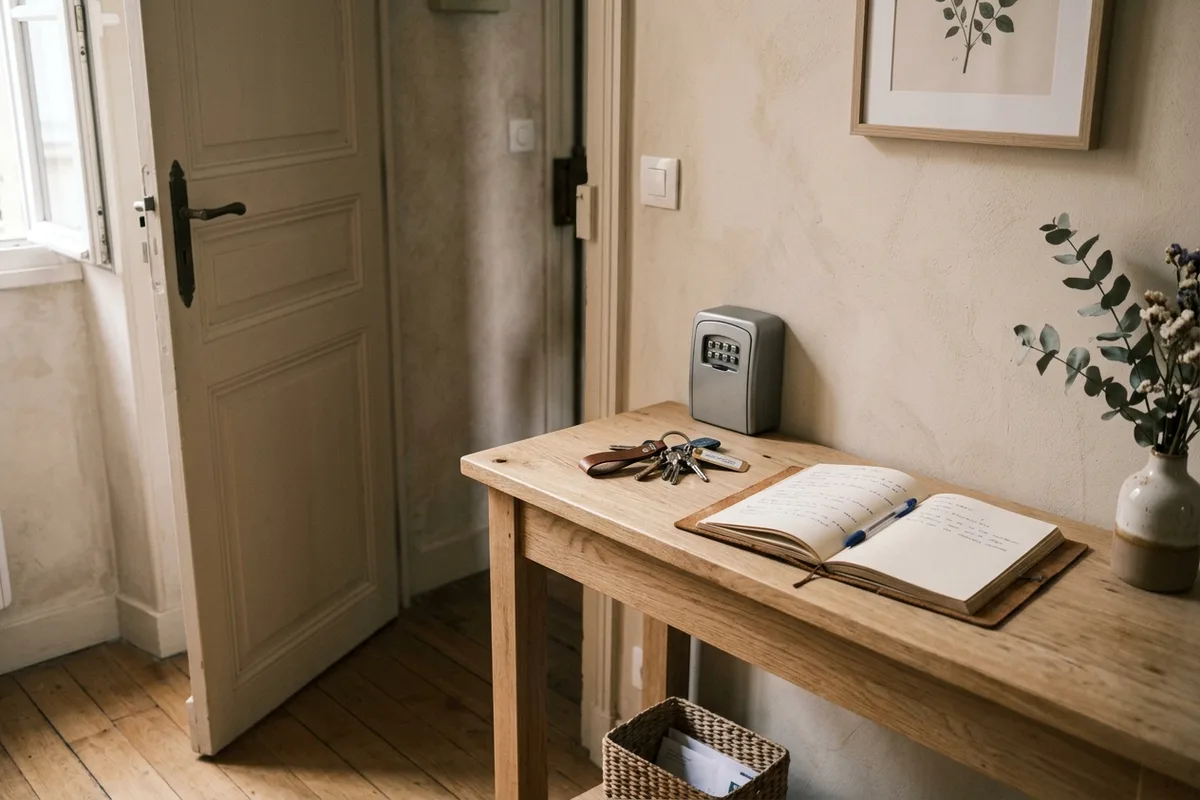 Trousseau de clés et boîte à clés posés sur une console d'entrée, près d'une porte ouverte