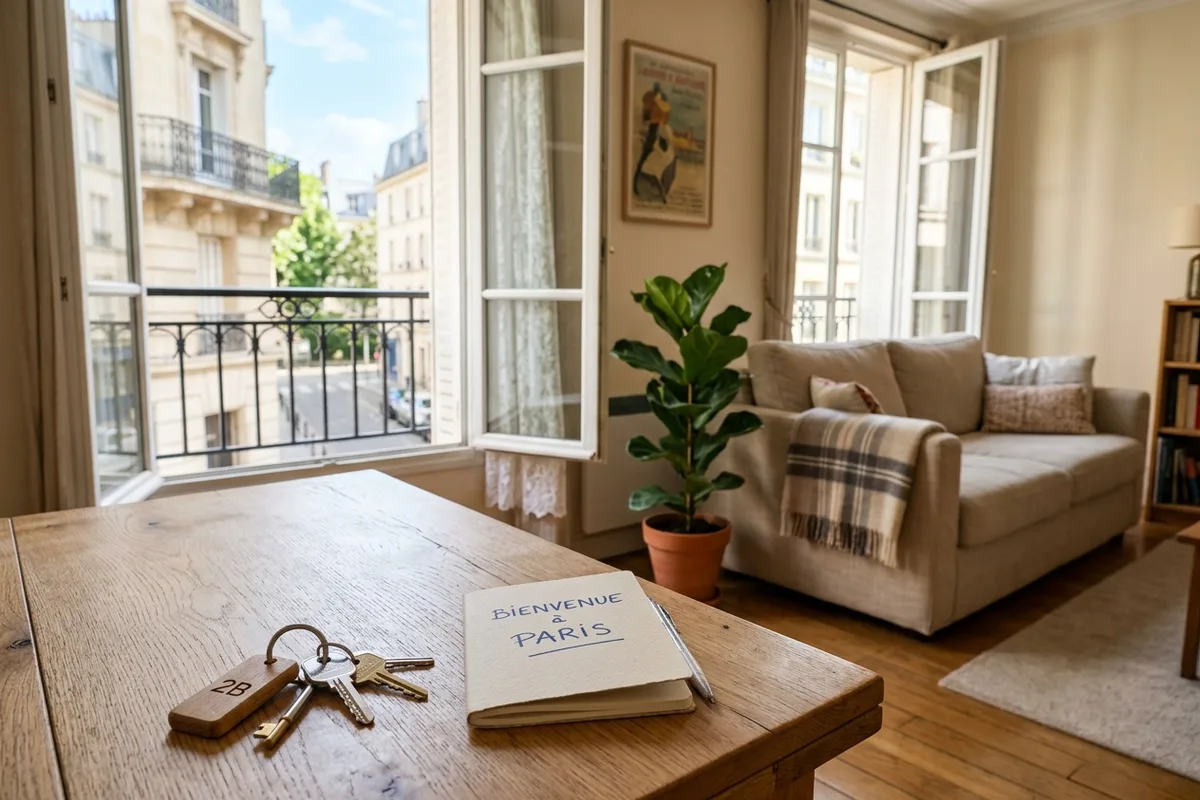 Trousseau de clés et carnet d’accueil sur une table, dans un appartement préparé pour des voyageurs