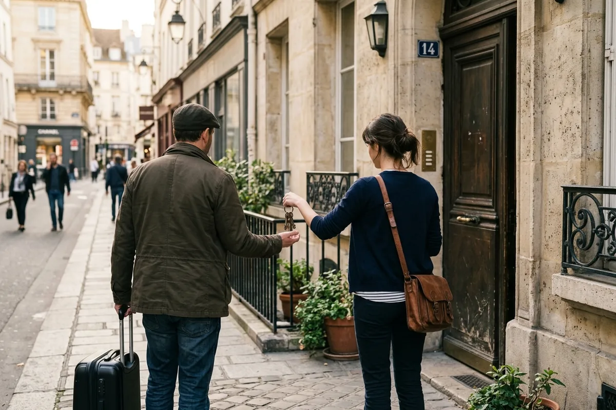 Une conciergère remet un trousseau de clés à un voyageur devant un immeuble