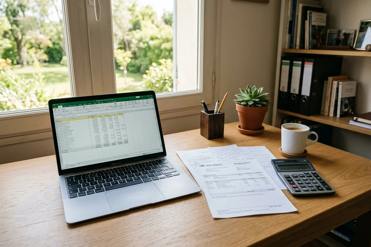 Bureau à la maison avec un tableur ouvert, des relevés imprimés et une calculatrice