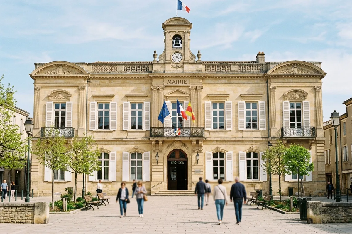 Façade d'une mairie de ville moyenne, un matin ensoleillé