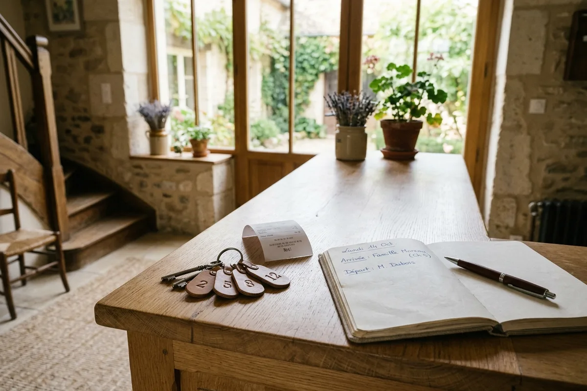 Clés d'une location de vacances et reçu de taxe de séjour posés sur un comptoir d'accueil