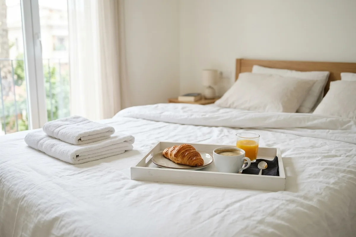 Plateau de petit-déjeuner et serviettes pliées sur un lit de location meublée
